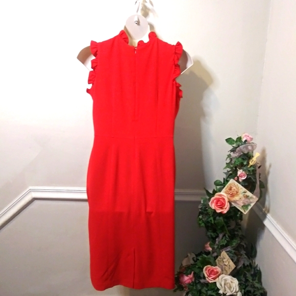 Maggie London Red Crepe Ruffle Trimmed, Figure Flattering Plus Size Sheath Dress - Picture 3 of 8
